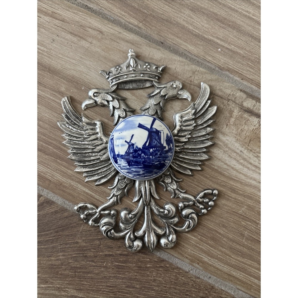 Vtg Plastic Silver Toned 6"‎ Eagle "Dutch Delft Windmill Ceramic Inlay" Plaque